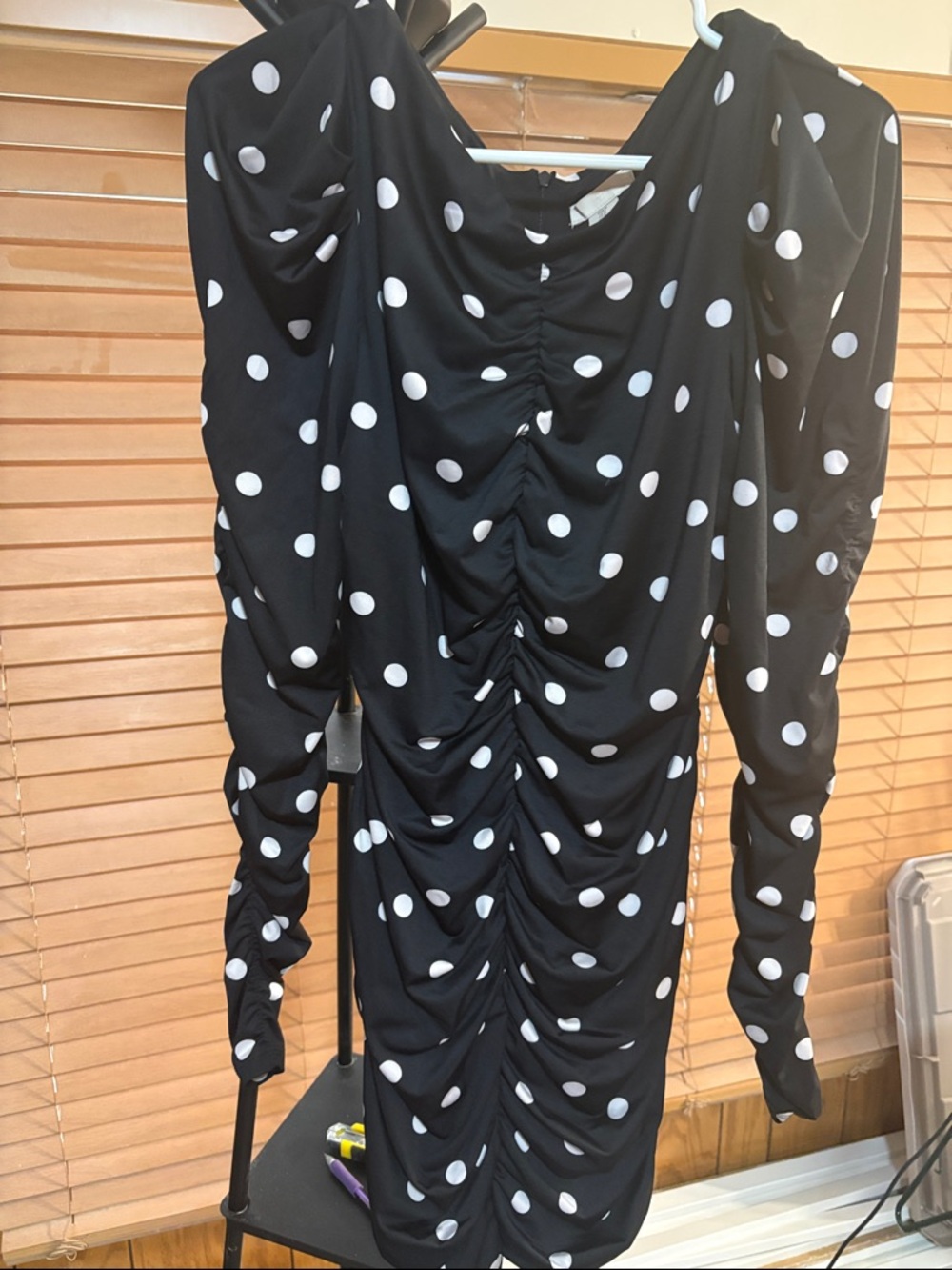 H&M Black and White Polka Dot Ruched Mini Dress